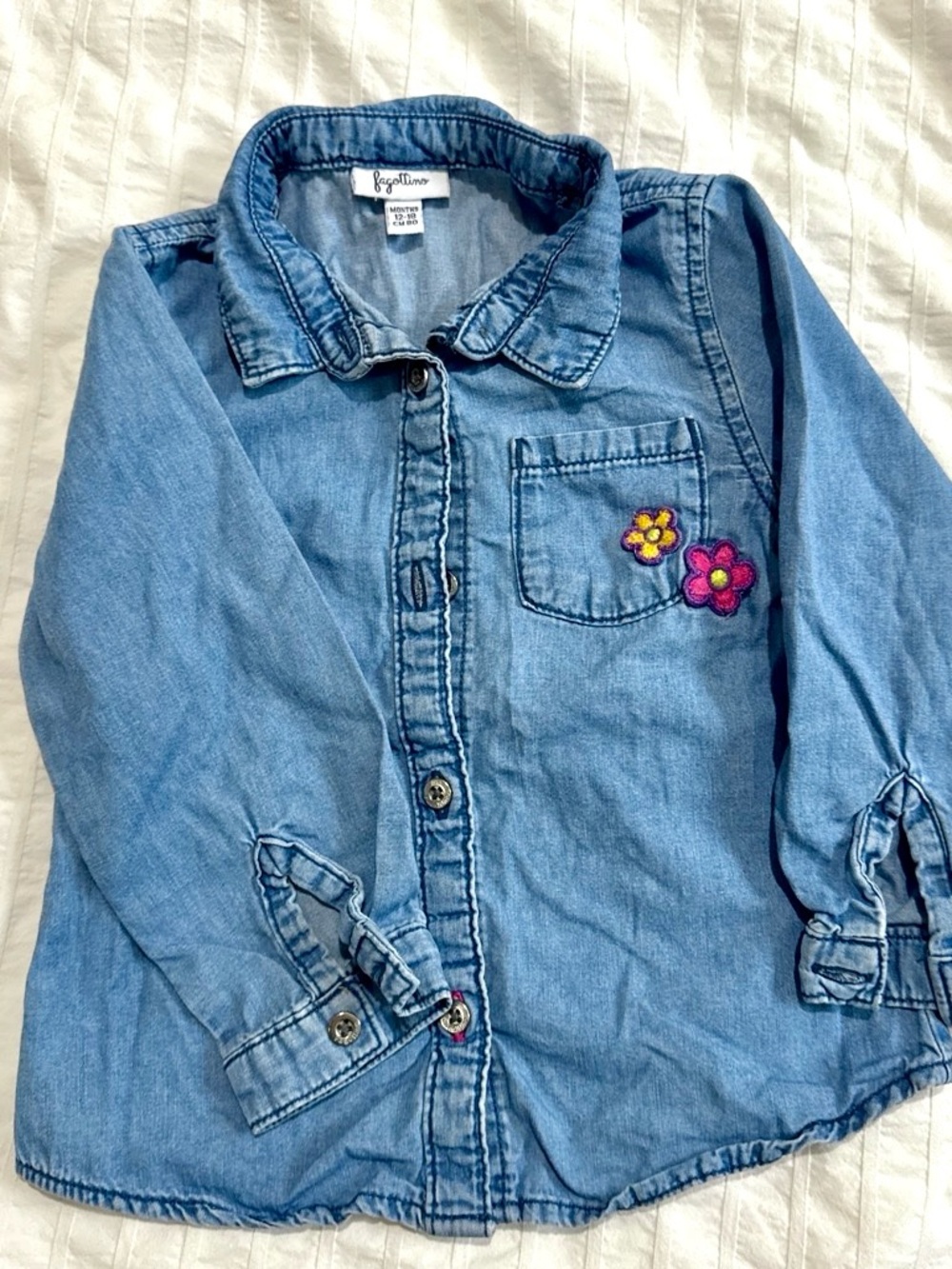Blue Denim Girls' shirt with Floral Patch